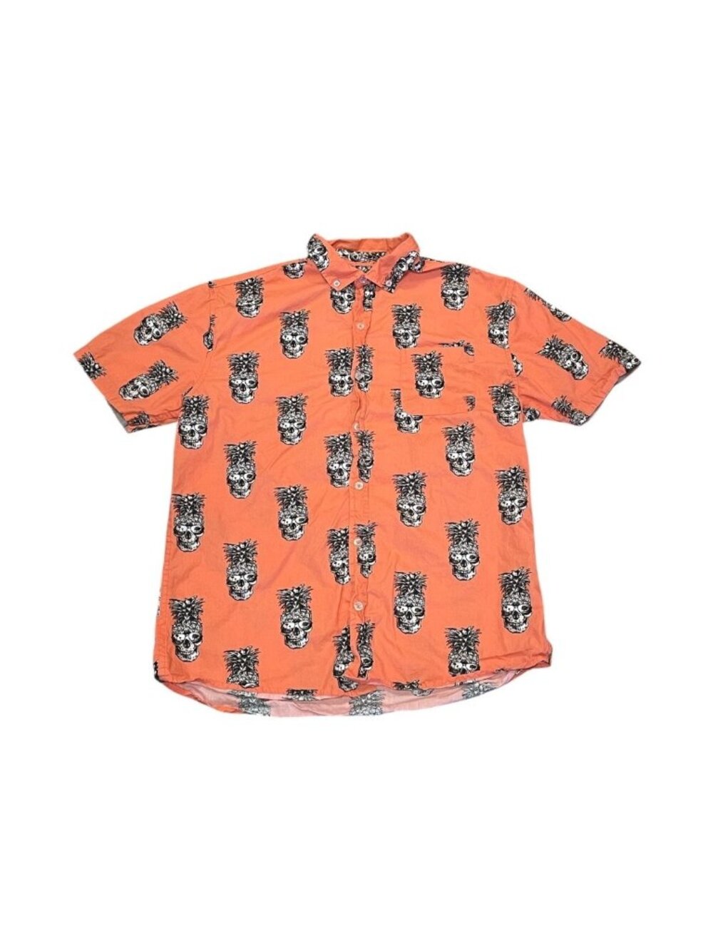 MASSIVE Men's Button Down Shirt Medium Large Skulls with Pineapple Print Orange